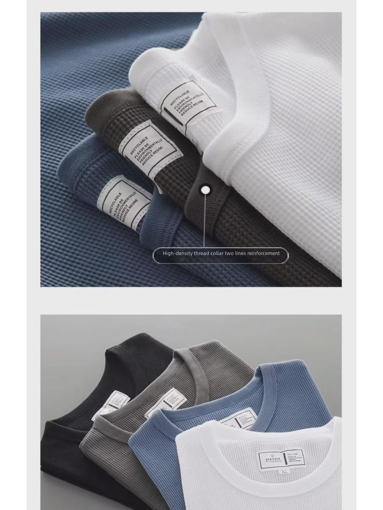 Camiseta de Manga Corta Holgada para Hombre de Seda de Hielo Waffle Pesado - Cuello Redondo Color Sólido