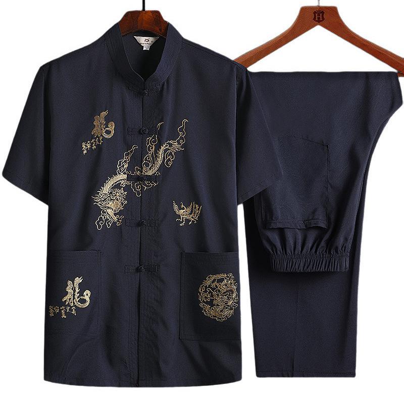 Middle-aged and Elderly Chinese Style Tang Suit Dad Summer Short-sleeved Suit Grandpa Summer Chinese Button-down Shirt and Pants Two-piece Set
