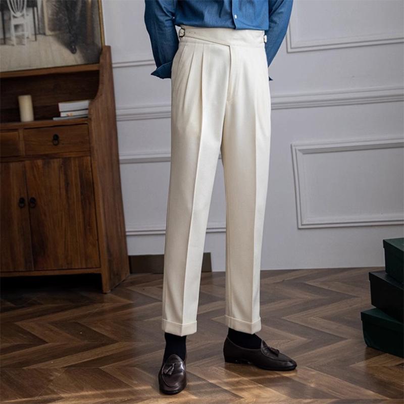 Einfarbig Hohe Taille Casual Anzug Hose Männer Frühling Trendy Gürtel Hosen Männlichen Business Büro Mode Plissee Gerade Hosen
