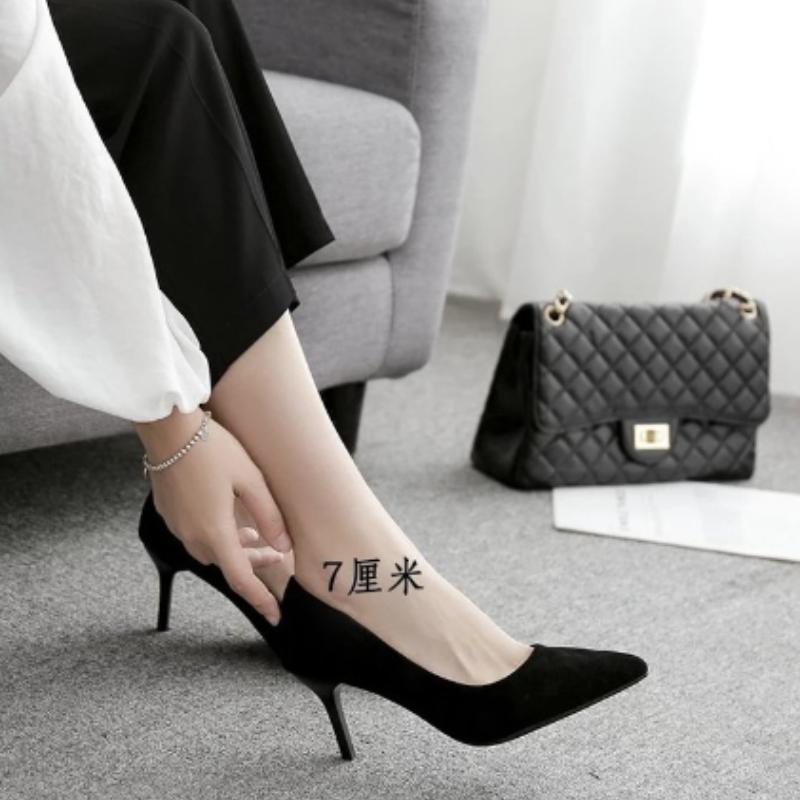 New Fashion Women's Shoes Sexy Black High Heels Sharp Pointed Suede Pumps Elegant Shallow Mouth Shoes