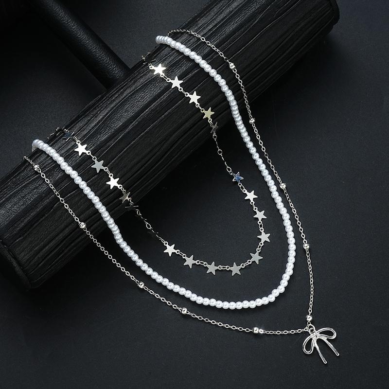3Pcs/Set New Fashion Metal Bow Pendant Necklace for Women Simple Five Pointed Star Imitation Pearl Beaded Chain Necklace Jewelry