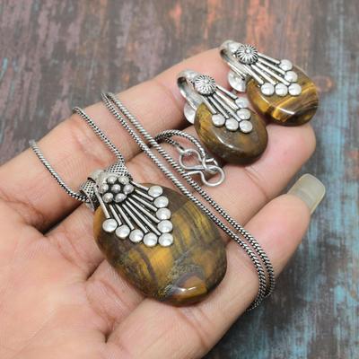 Tigerauge Edelstein 925 Sterling Silber Handgefertigte Halskette + Ohrringe Schmuckset für Sie