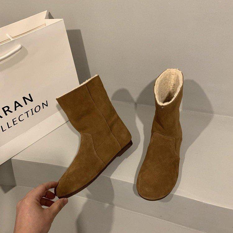 Soft leather version~ Two wear snow boots women's 2024 winter new Mori retro lamb wool short boots velvet cotton shoes