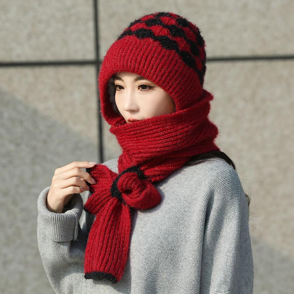 

Утепленная шапка-бини, шарф-манишка, интегрированный комплект шапки и шарфа, повседневная шапка с защитой ушей для женщин вино красного