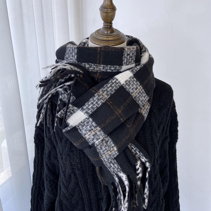 Luxury Autumn Winter Korean Plaid Scarf Women Thickening Warm Tassel Shawl Cashmere Imitation Muffler Fashion Designer Scarves