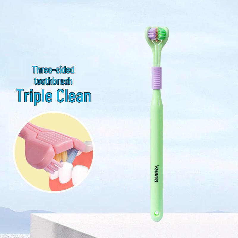 Yalinna Three-Sided Toothbrush with Soft Bristles and Tongue Scraper - Adult Macaron Color 418.