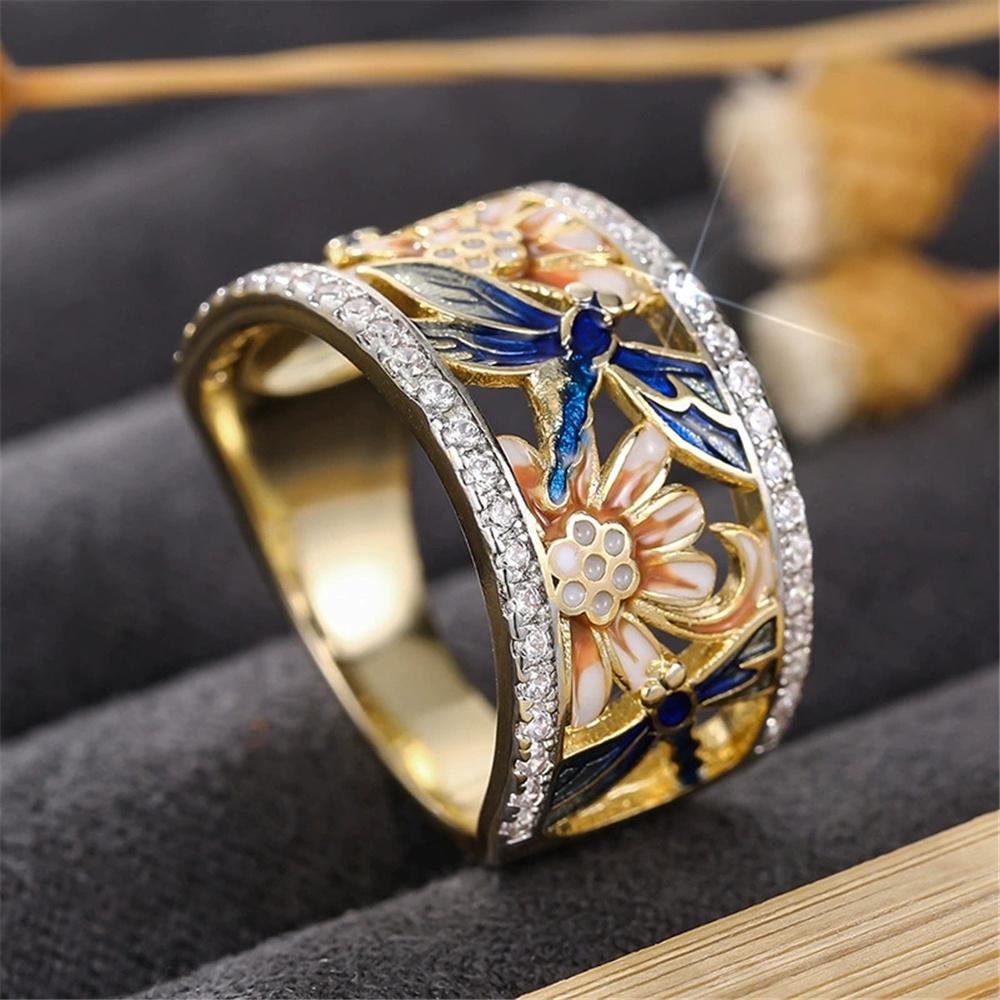 Vintage Flower Dragonfly Animal Rings For Women Gold Color Engagement Wedding Bridal Valentine's Day Gifts