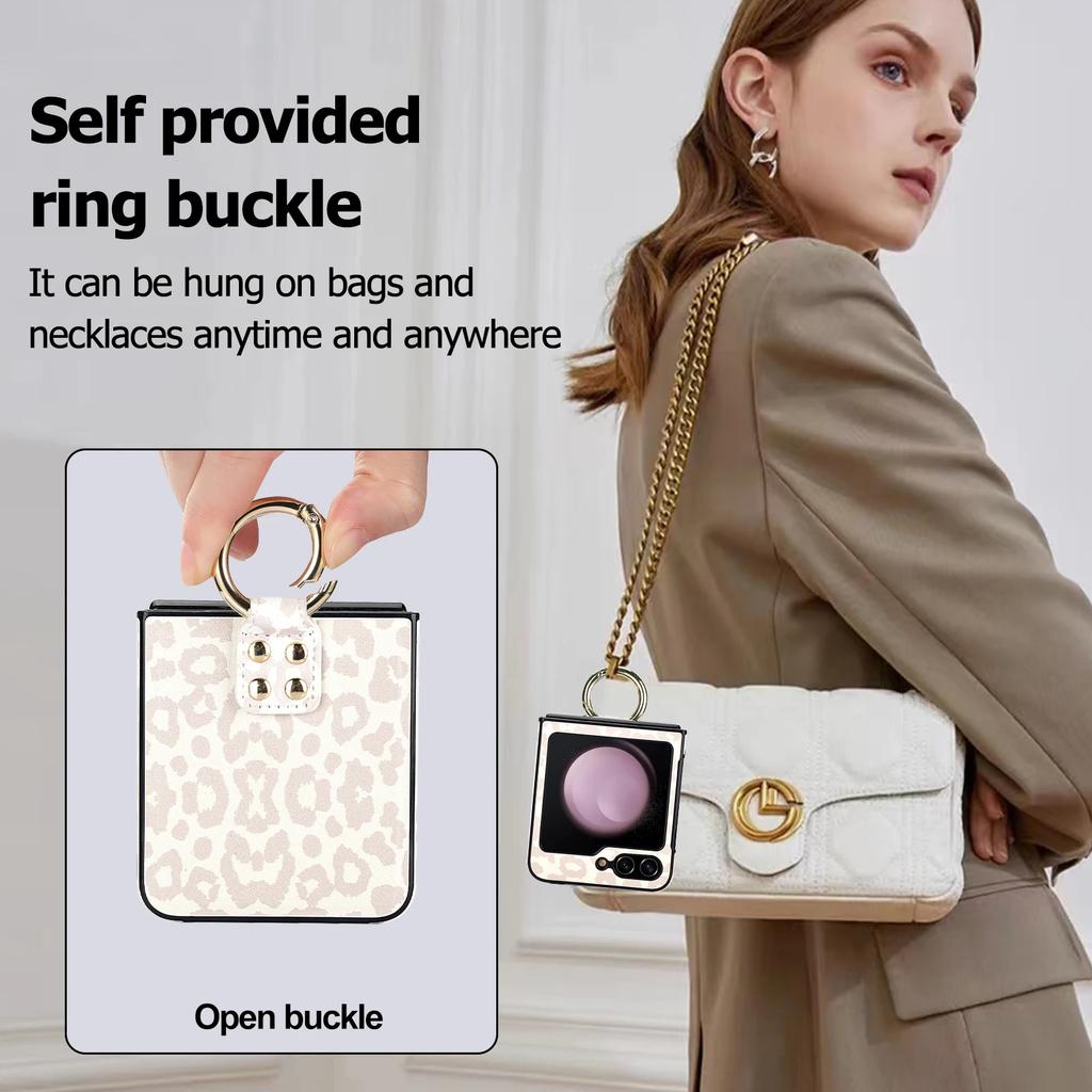 Ring Holder Matte Leather Case For Samsung Galaxy Z Flip 6 5 4 3 Flip5 Flip4 5G Leopard Pattern Ultra Thin Skin Feeling Cover
