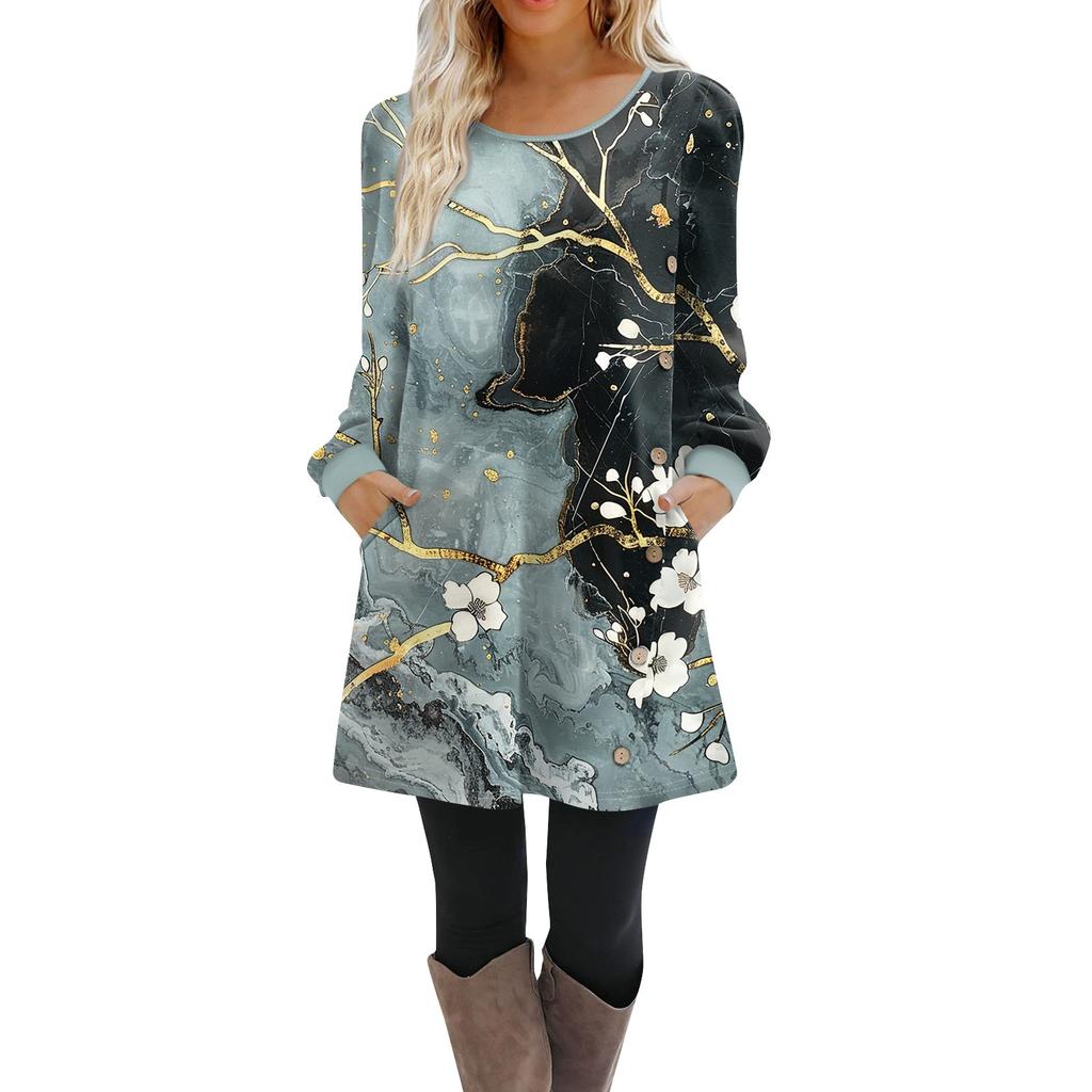Damen Langarm A-Linien-Kleid Lässiger Pullover Mit Knopf Lockere Passform Kleid Mit Taschen