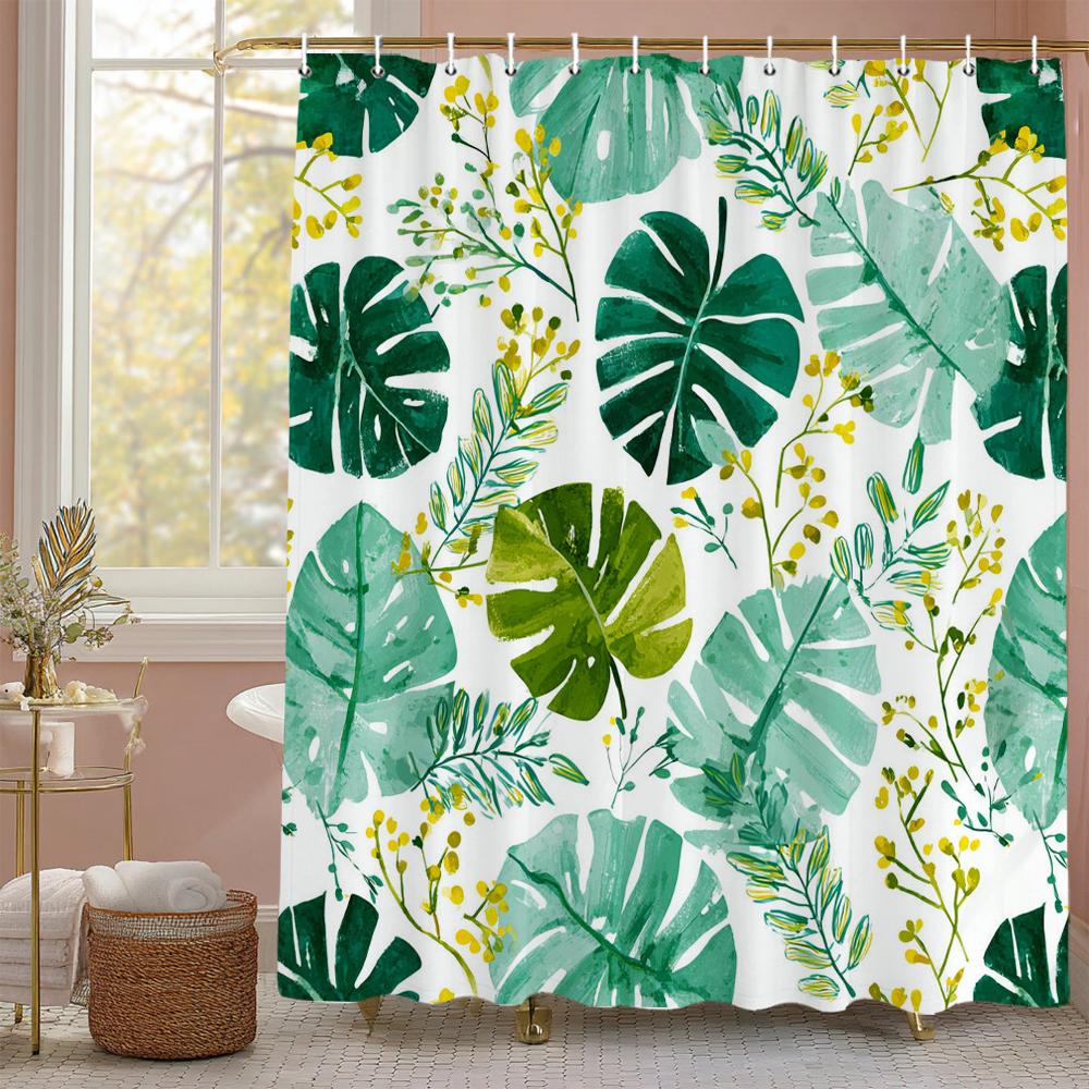 

Tropical Green Leaves Monstera Pattern Shower Curtain, Bathroom Decorative Shower Curtain, Print Polyester Curtain With Hooks W60H190(CM)-1 Pcs