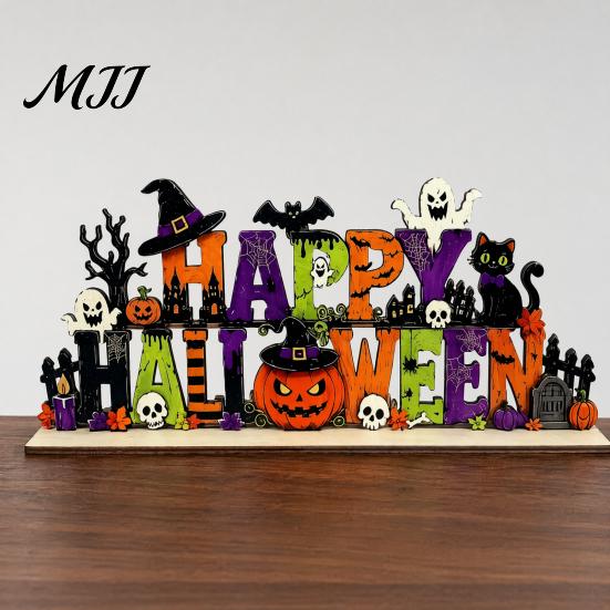 Halloween Tiered Tray Decor Happy Wooden Sign Ornaments with Pumpkin Ghost And Bat Elements for Stable Table Autumn Holiday Home Party Decorations