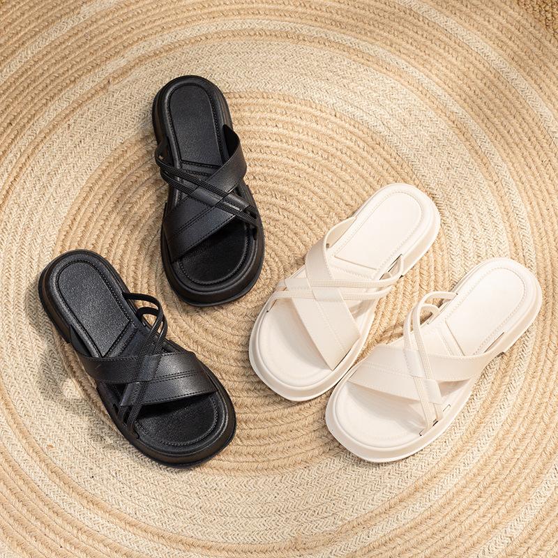 Women Spring Solid Color Cross Style Indoor Slippers Summer Casual Thick Flat Bottom Anti Slip Beach Sandals Shoes 36-41