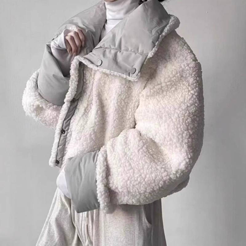 Womens Short Fleece Lined Cotton Coat Loose Reversible Winter Jacket Turn Down Collar Long Sleeve Solid Color Plus Size