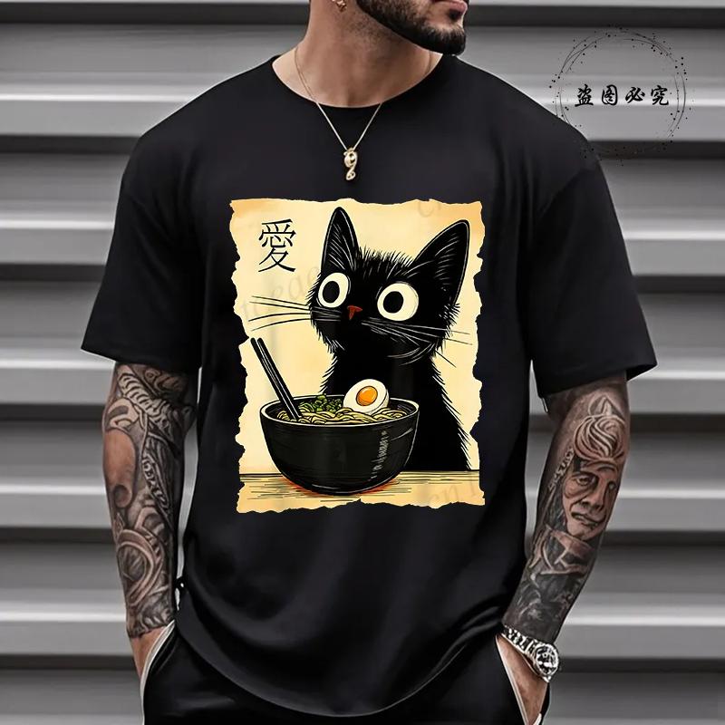Japanese Kawaii Anime Cat T-Shirt Funny Cat Ramen Graphic Tee Fashion T-shirts Short Sleeve Clothes Trend Casual Unisex Tshirts