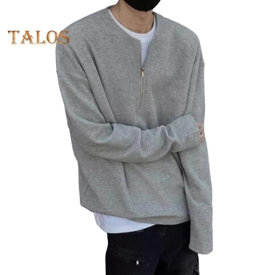 

Мужской осенне-весенний топ с круглым вырезом, свободный, однотонный, с вафельной текстурой, с застежкой-молнией на половину длины, повседневная спортивная, школьная, рабочая толстовка M светло-серый