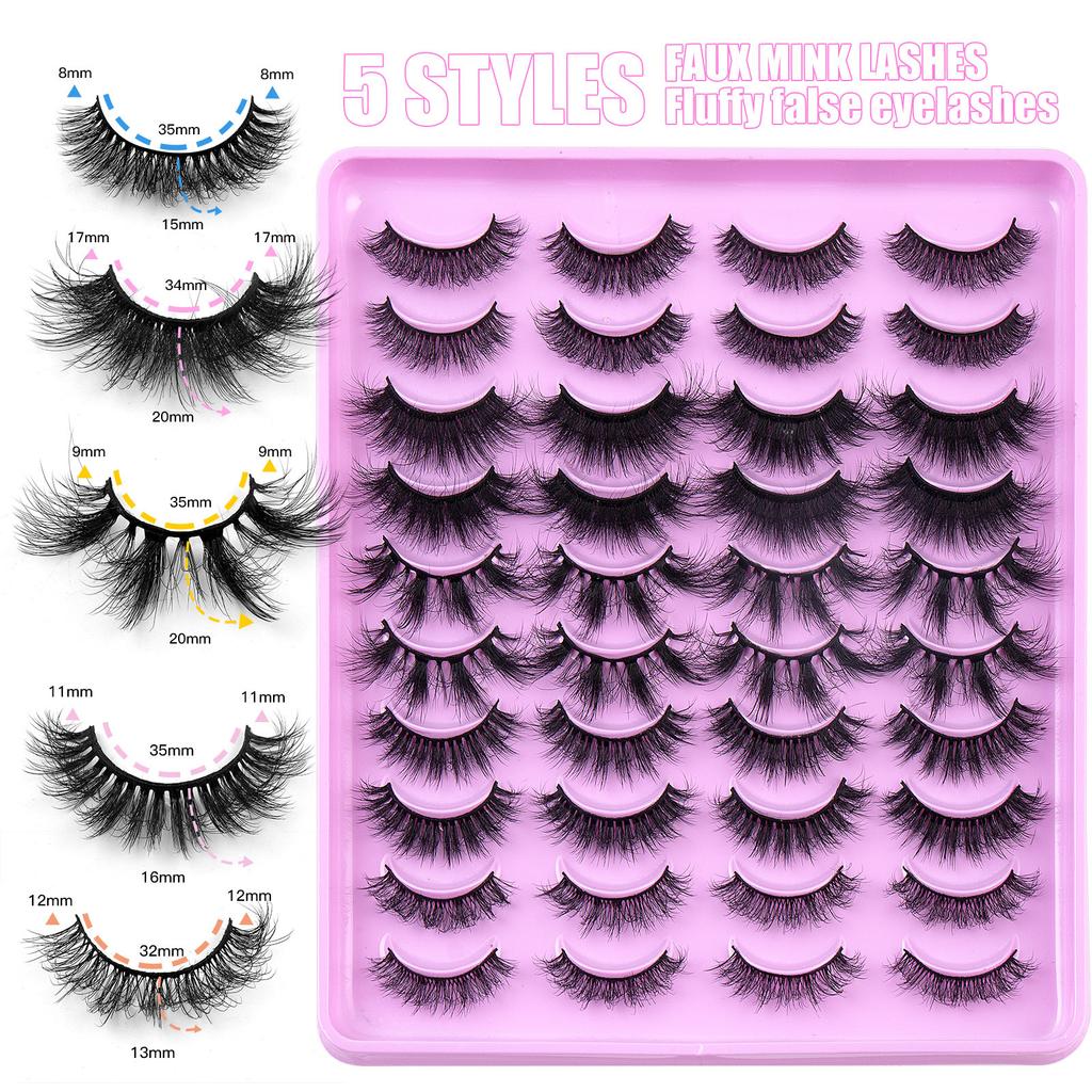 20 Pairs Of Mixed Imitation Mink False Eyelashes Naturally Curled Eyelashes Nude Makeup Thick Eyelashes