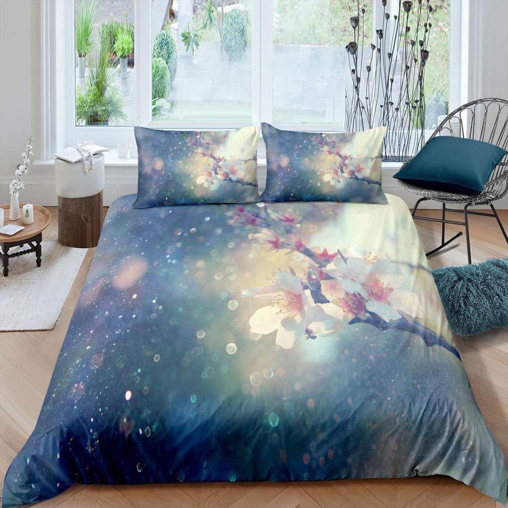 Pink Cherry Blossom King Queen Bedding Set Spring Flora Duvet Cover Japanese Flowers Quilt Cover Soft Polyester Comforter Cover