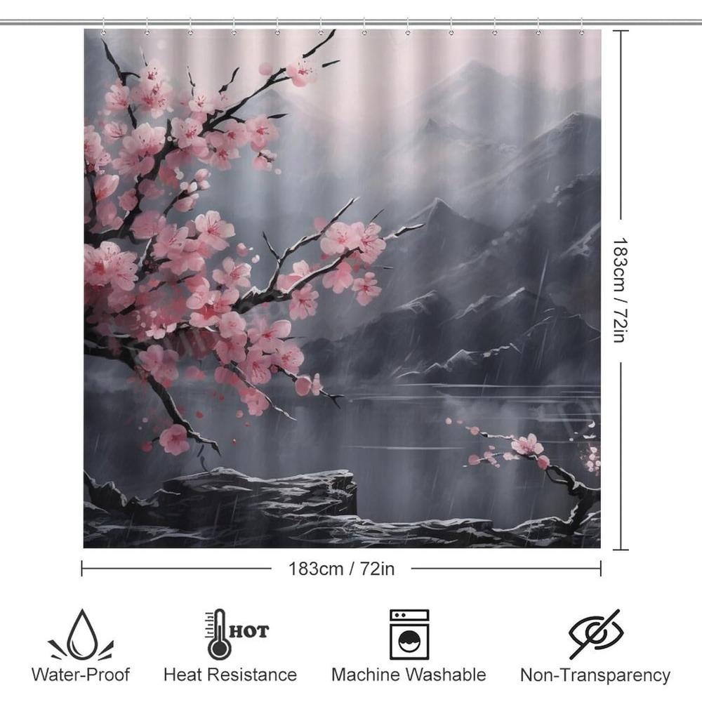 Antique Cherry Blossom Shower Curtain and Rug Set, Waterproof Bathroom Decor with Nature Theme