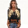Women's Casual Halloween Print V Neck Button Front Three Quarter Sleeve T Shirt Top Lightweight Soft Fabric Comfortable Fit