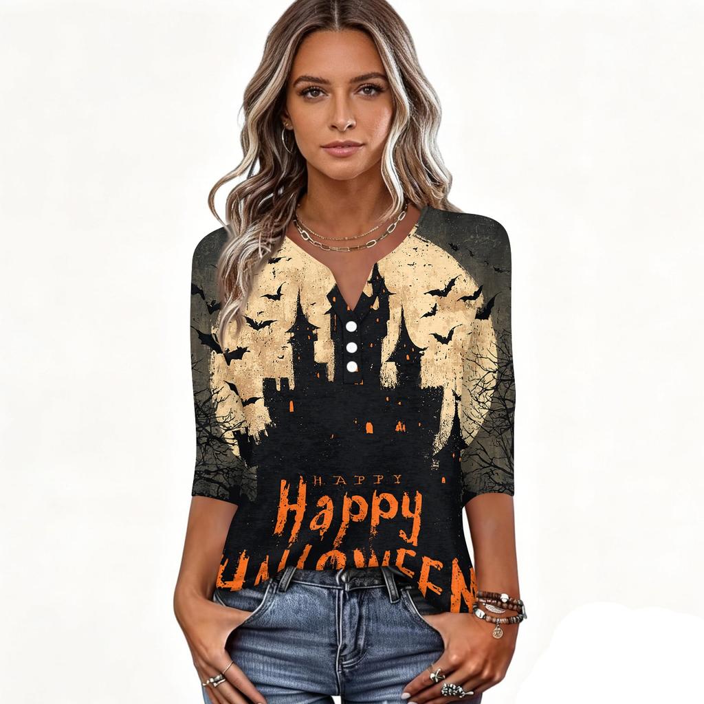 Women's Casual Halloween Print V Neck Button Front Three Quarter Sleeve T Shirt Top Lightweight Soft Fabric Comfortable Fit