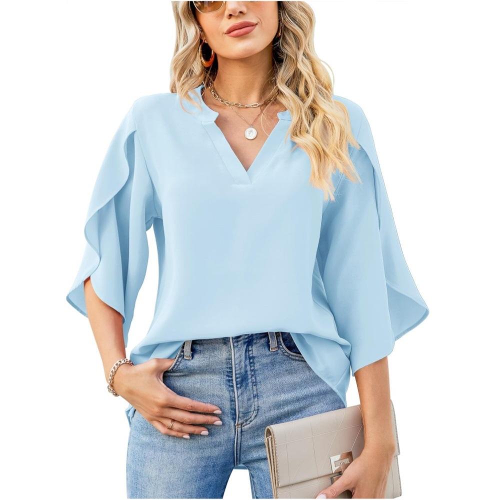 Spring and Summer Women Chiffon Blouses Shirts Lady Casual Short Flare Sleeve V-Neck Loose Blouse Tops