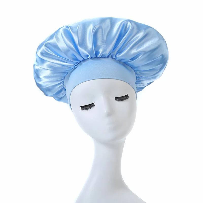 

Women Satin Night Hair Cap High Stretch Sleeping Hat Chemotherapy Cap Hair Protection Bonnet Unisex Sleep Cap небесно-голубой