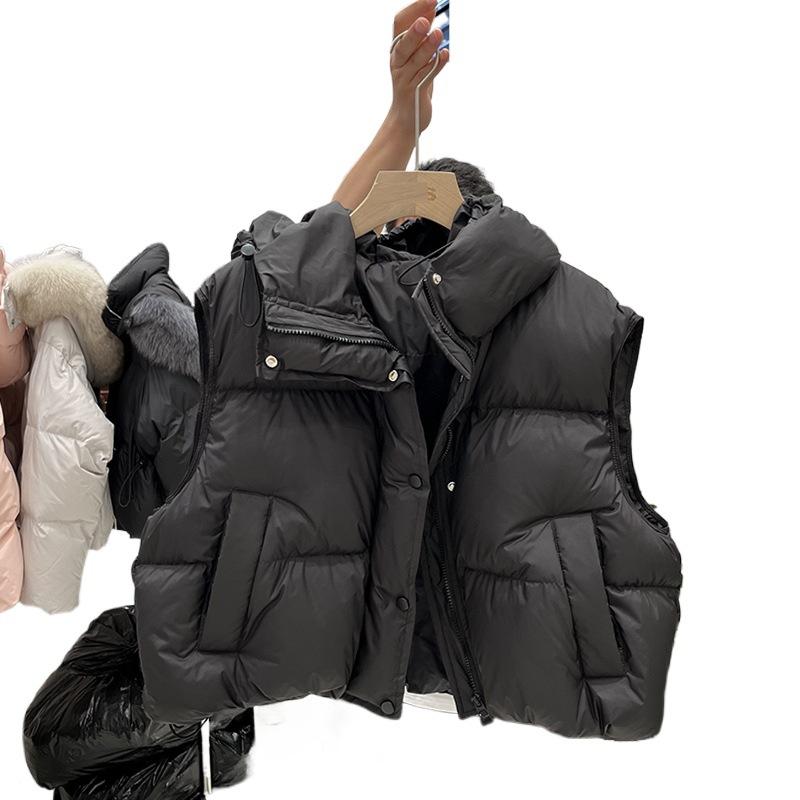 2024 Zima Nowa Kurtka Z Kapturem Dół Kamizelka Damska Krótka Luźna Odzież Zewnętrzna Kamizelka