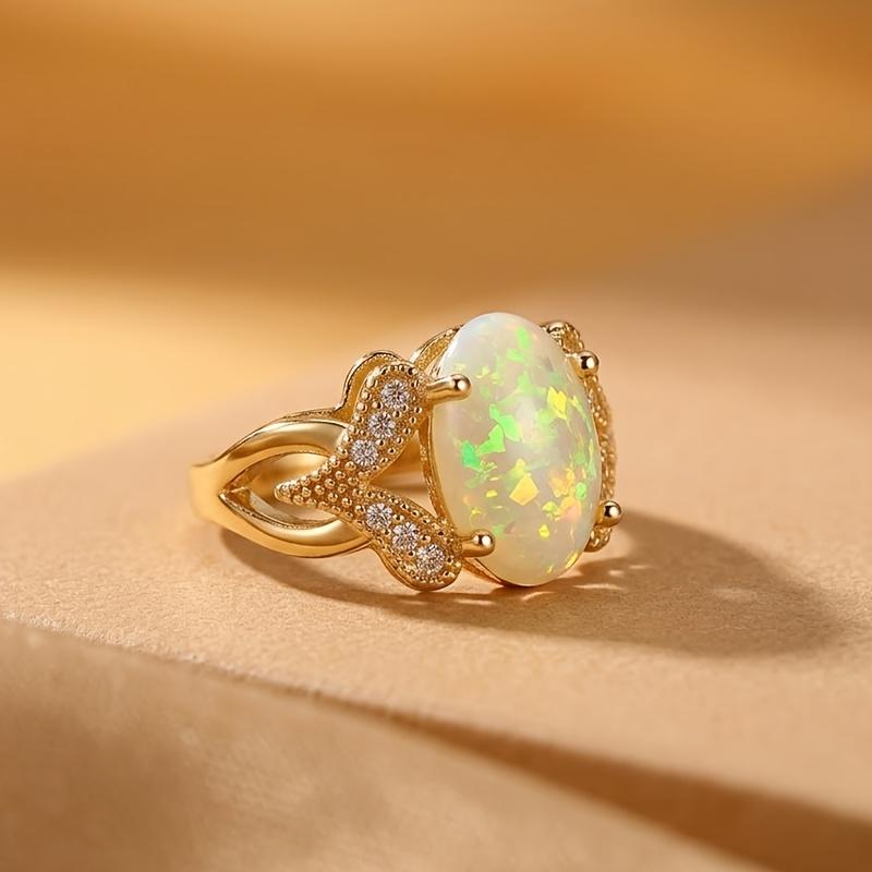 1PC Women's Bohemian Style Iridescent Imitation Opal Ring-Luxurious Inlaid Oval Synthetic Zirconia Jewelry-Suitable for daily wear and special