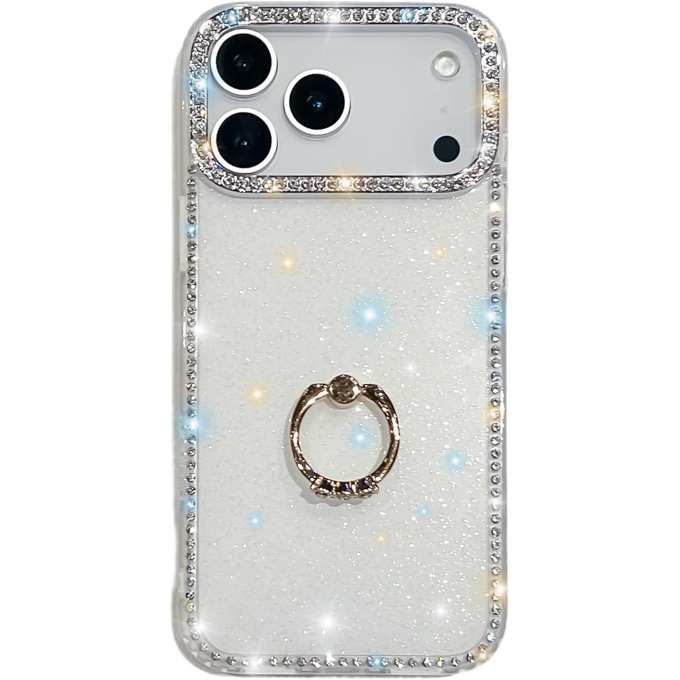 

For iPhone 17 Pro Max Case with Ring Kickstand Rhinestone Edge TPU+PC IMD Phone Cover Glitter White