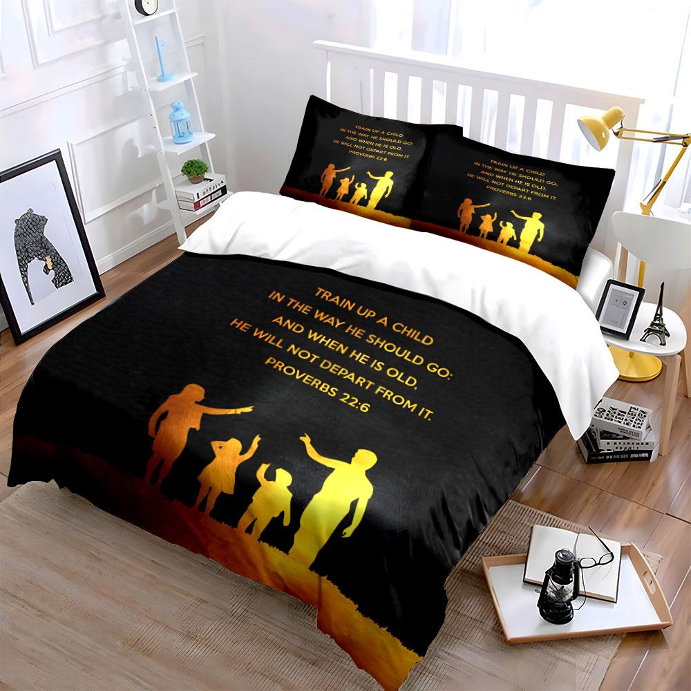 3Pcs Christian Family Bedding Set, Proverbs 22:6 Train Up A Child Print Duvet Cover, 1 Duvet Cover 2 Pillowcases, Gift