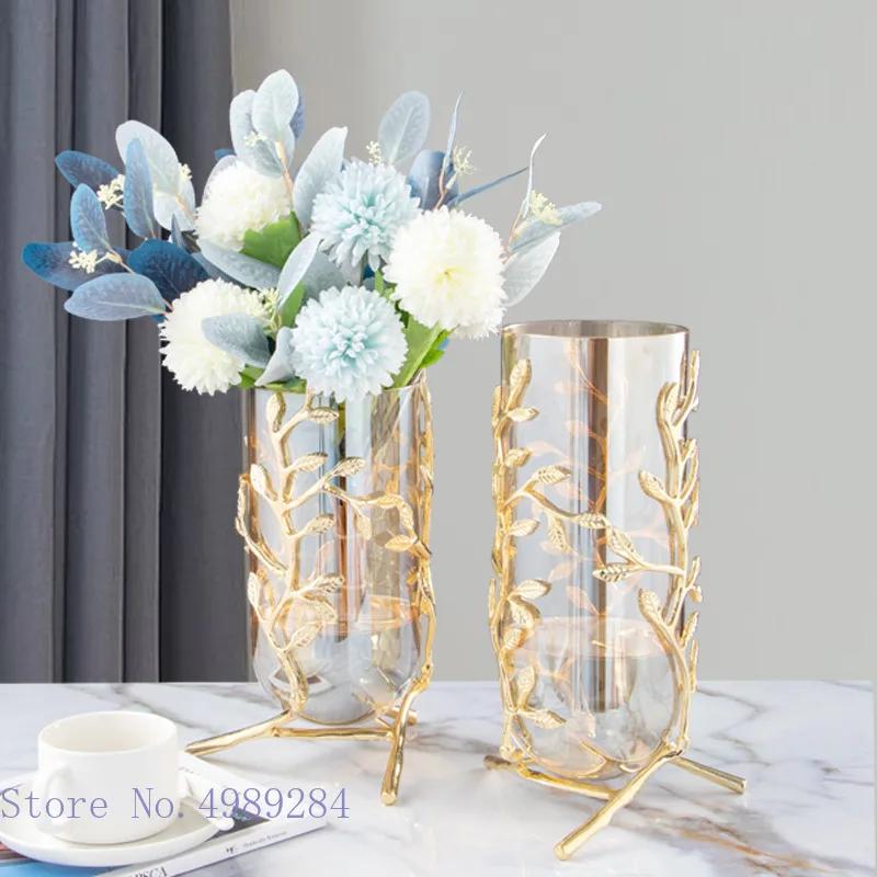 Glass Metal Vase Hollow Gold Metal Frame Branches Rattan Transparent Flower Vase Flower Arrangement Hydroponics Home Decoration