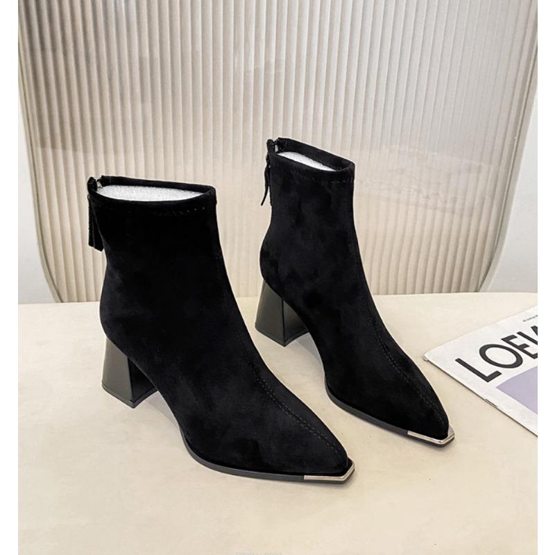 Winter Women Faux Suede Thick Heel Ankle Boots Fashion Pointed Toe Mordern Short Booties Street Style Party Stripper Female Shoe