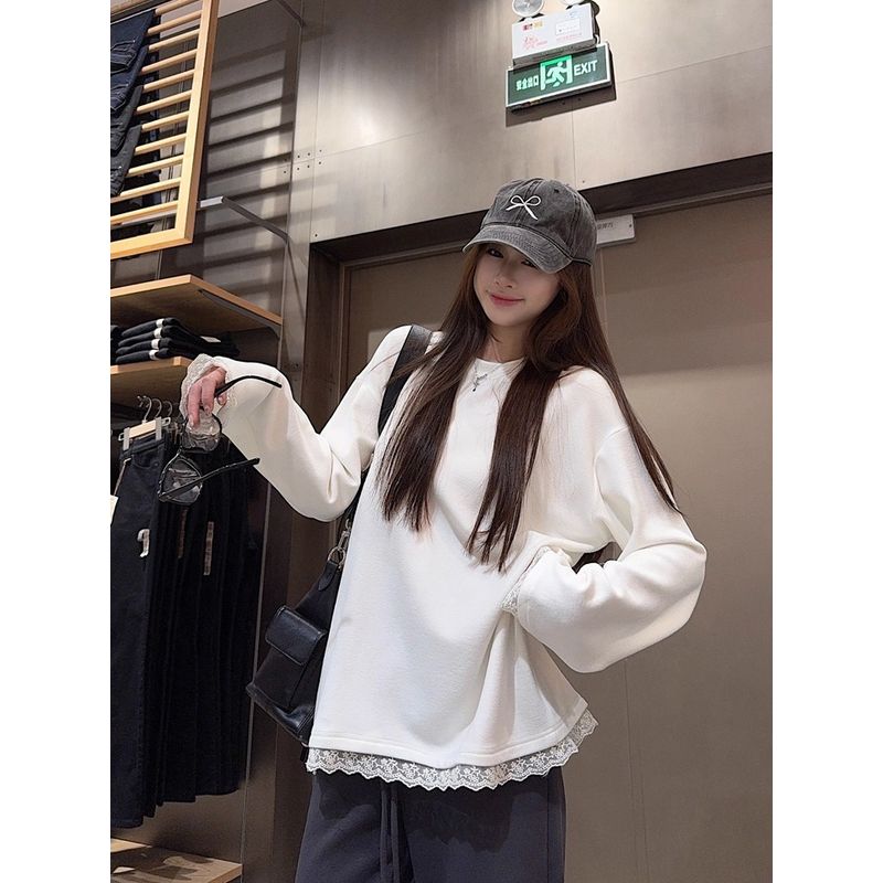Kumikumi Idle Style White Lace Stitching Long Sleeve T-shirt Women Fall Easiest for Match Loose Slim-Fit Casual Shirt