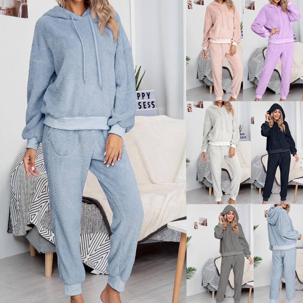 Women Fashion Casual Solid Pockets Plush Long Sleeve Long Pants Home Suit