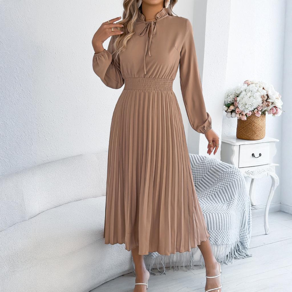 Women's Fashionable Casual Loose-Fit Tie-Waist Bell-Sleeve Pleated Dress
