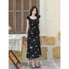 Black French floral retro dress women's summer new butterfly print small flying sleeve sleeveless temperament long dress
