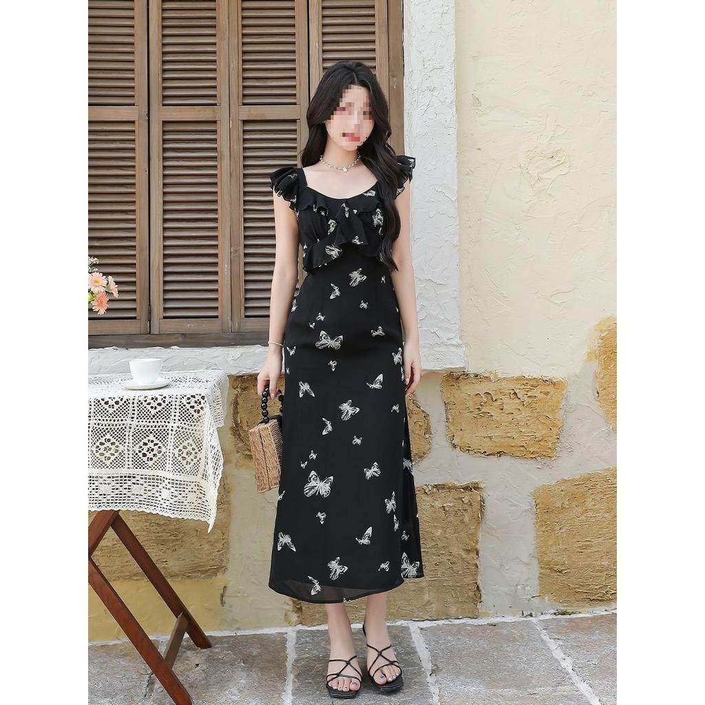 Black French floral retro dress women's summer new butterfly print small flying sleeve sleeveless temperament long dress