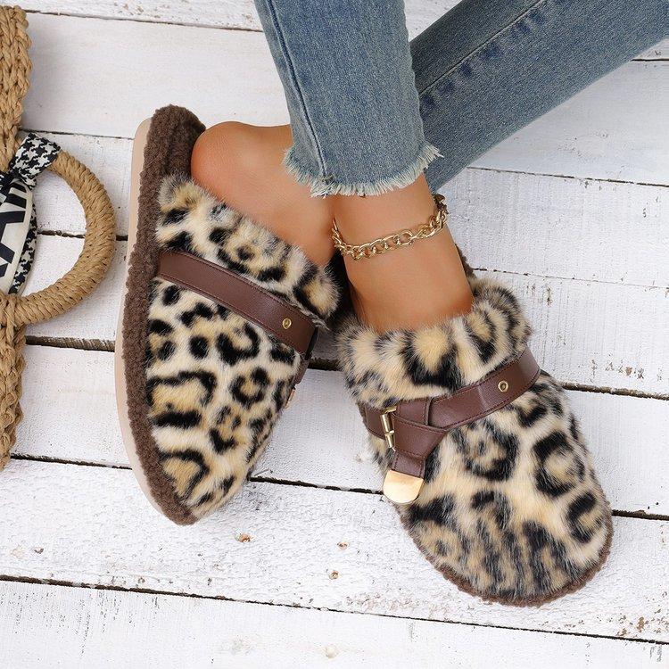 Women's Leopard Print Baotou Plush Slippers Padded Warm Winter Thick Bottom Heightened Home Slippers Casual Hiking Indoor Shoes Snow Cotton Mops