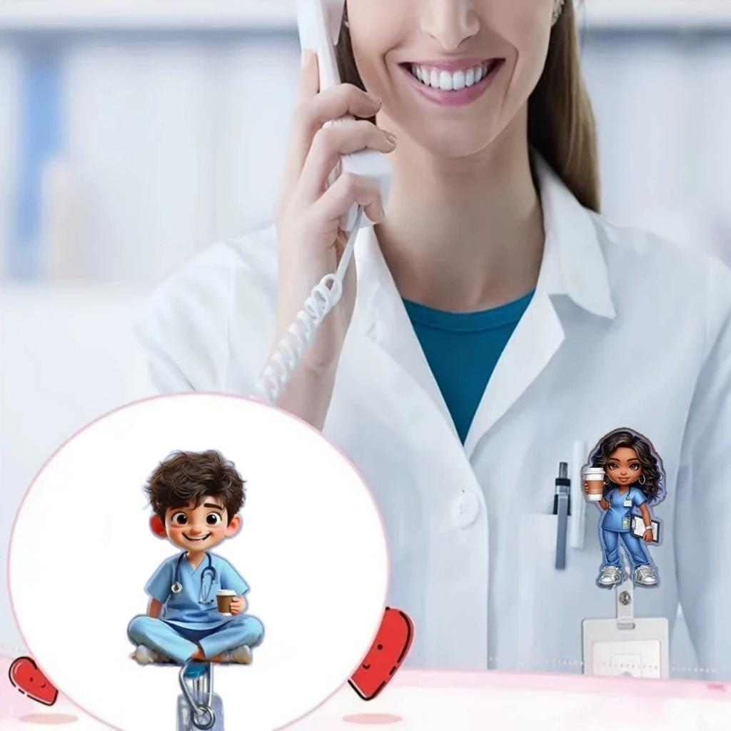Cartoon 2D Acrylic Badge Reel Retractable ID Card Holder Clip-On Name Tag Holder for Nurse Doctor Teacher Student Office Worker