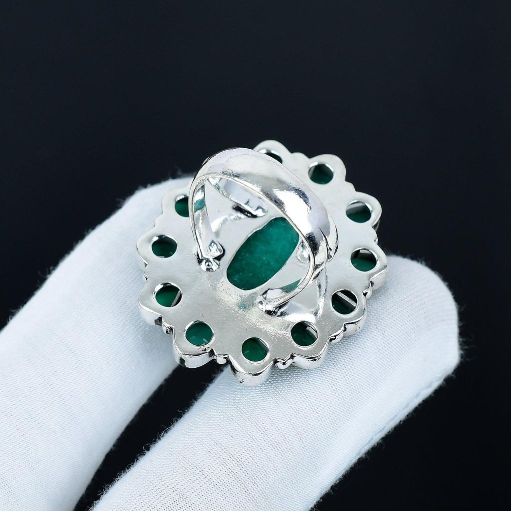 Smaragd, Ring med grön onyx-ädelsten, 925 sterlingsilverring, Gåva till henne, Oval sten, Elegant handgjord ring, Silverring med grön onyx-blomma