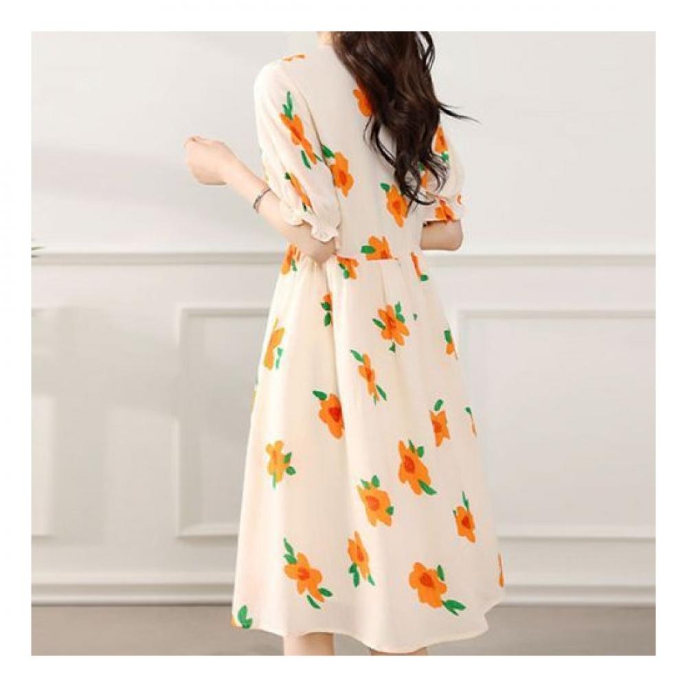 Navava Women Flower Printing Shirring Short Sleeve Dress No372