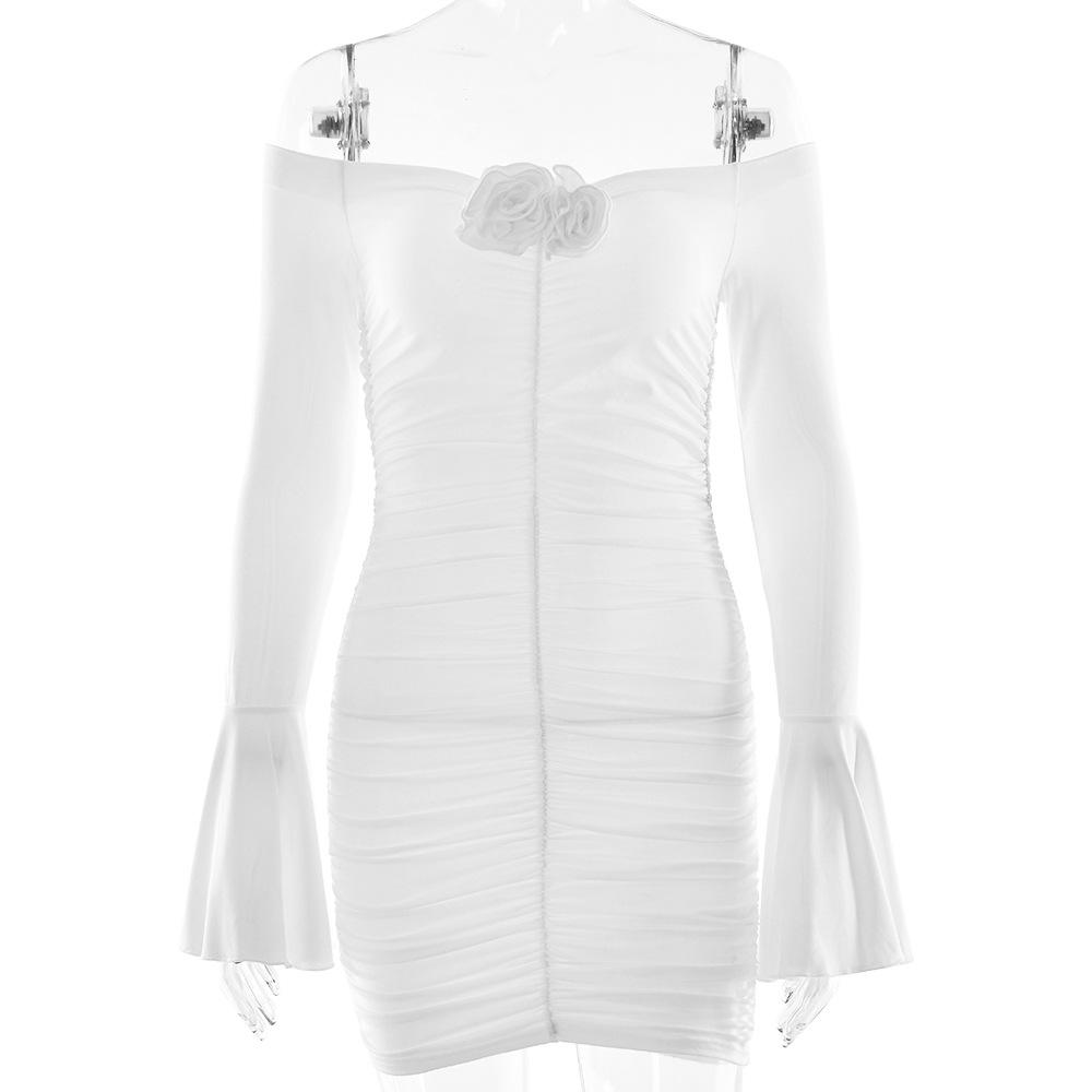 Women s Off Shoulder Long Sleeve Mini Dress Slim High Waist Ruched Floral Bodycon Club Dress S