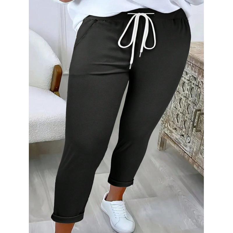 

2025 European & American Casual Women s Solid Color Cuffed Long Pants with Waist Tie Medium