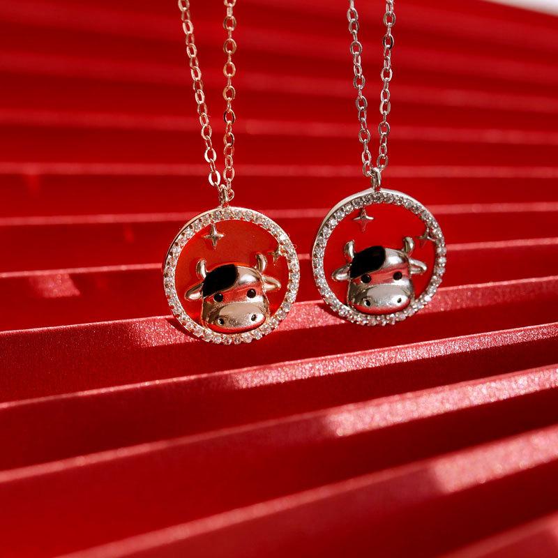 Year of The Ox Necklace for Women, Fashionable and Cute. Bull Red Agate Round Brand Collarbone Chain