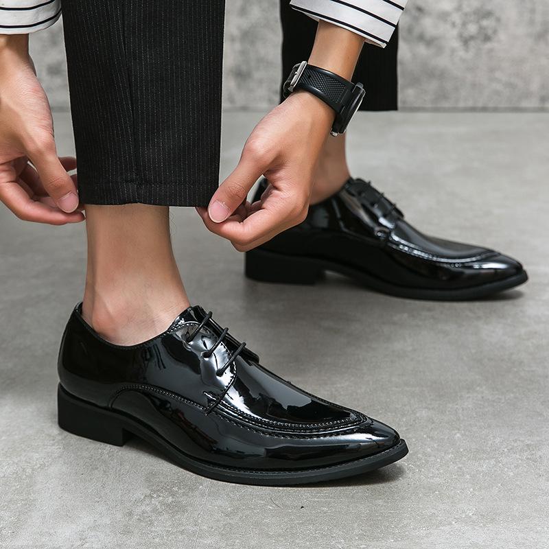 Men's casual large size 48 gradual change color fashion pointed glossy business dress lace-up leather shoes