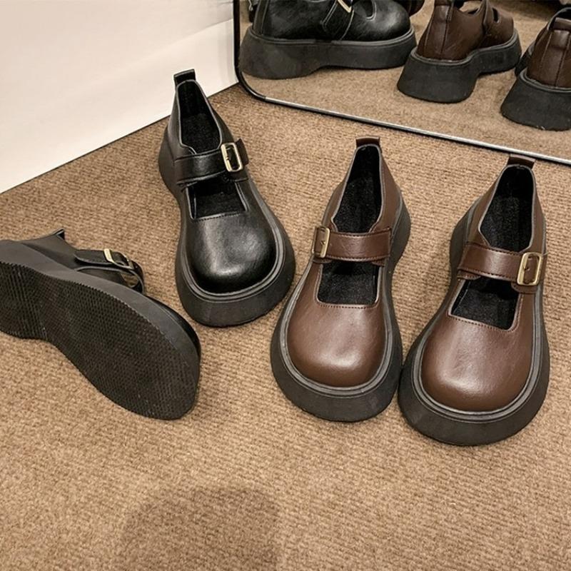 New Style Leather Shoes - Retro Style, Large Round Toe, Thick Sole, Heightening Effect