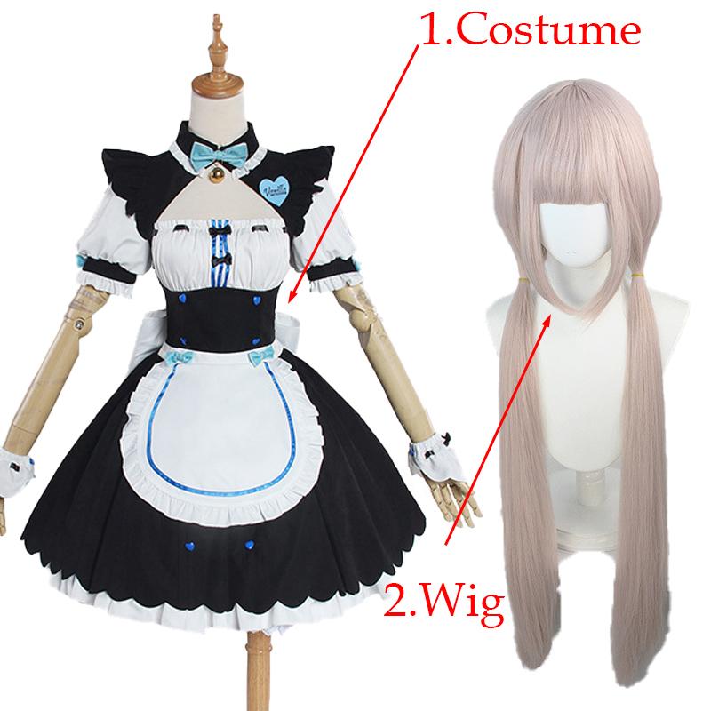 NEKOPARA Cosplay Chocola Vanilla Cosplay Dienstmädchenkleid Damen Mädchen Komplettset Süßes Lolita Halloween Party Outfits mit Perücke
