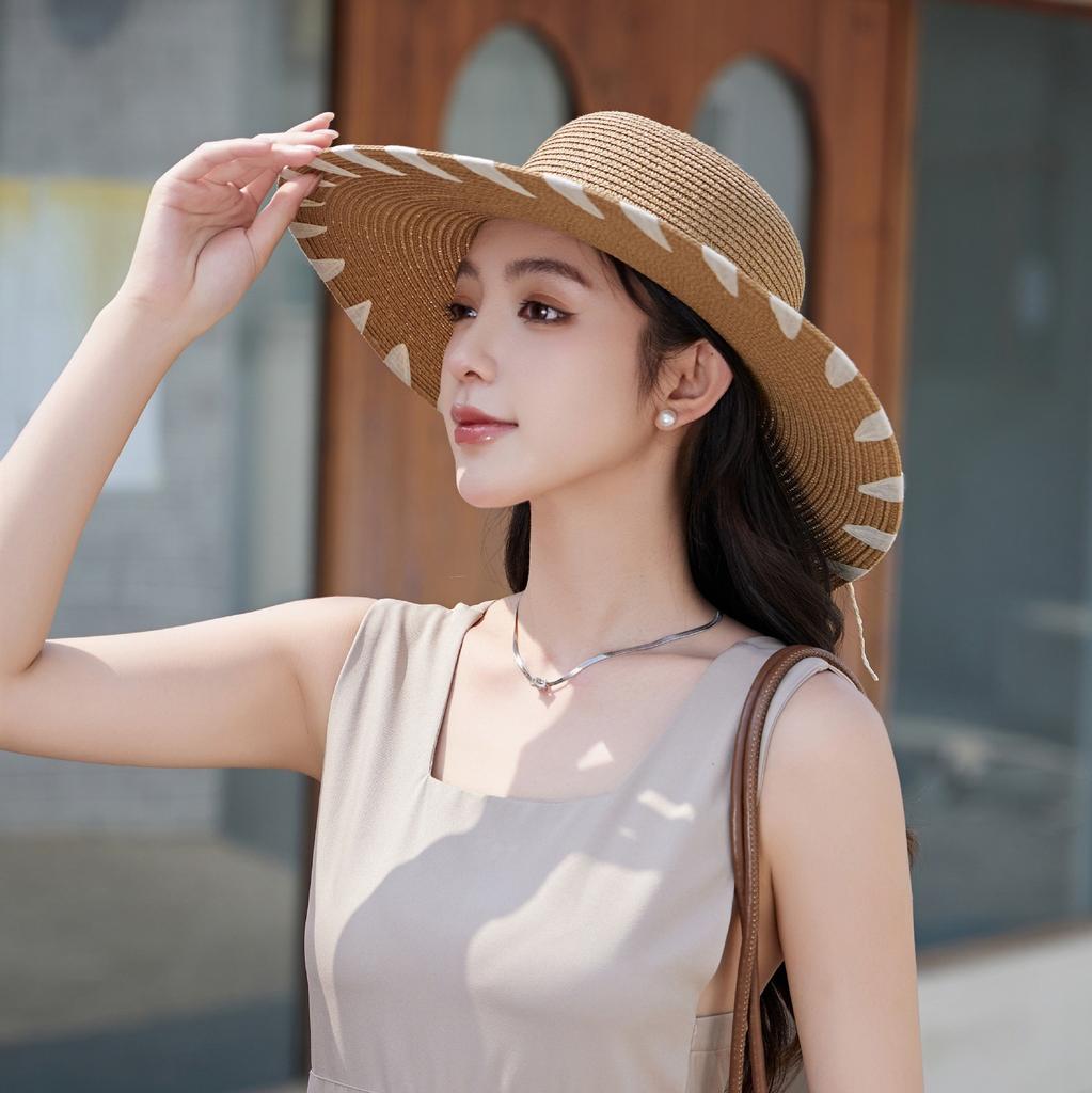 Summer French Big Brim Sun Hat Women's Fashion Ins Seaside Sun Protection Straw Hat Pastoral Pearl Face Small Sun Hat
