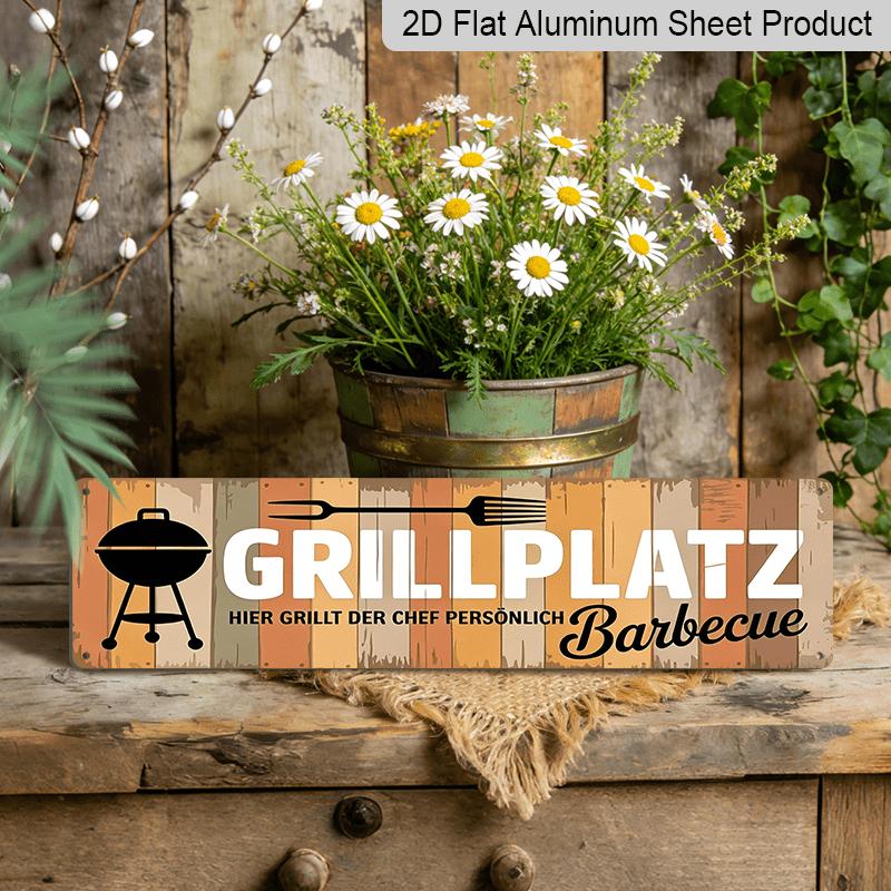 

2D Flat 1pc German BBQ Grillplatz Sign-Rustic Aluminium Decorative Sign Suitable for Patio, Garden, Deck, Outdoor Decoration with German Lettering 40cm x 10cm