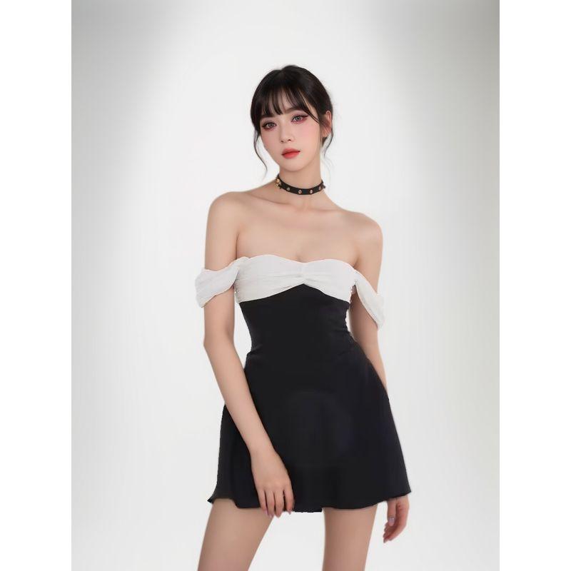 Sweet American Style Sexy Pure Desire Stylish off-Shoulder Contrast Color Patchwork Waist-Slimming Elegant A- Line Skirt Dress